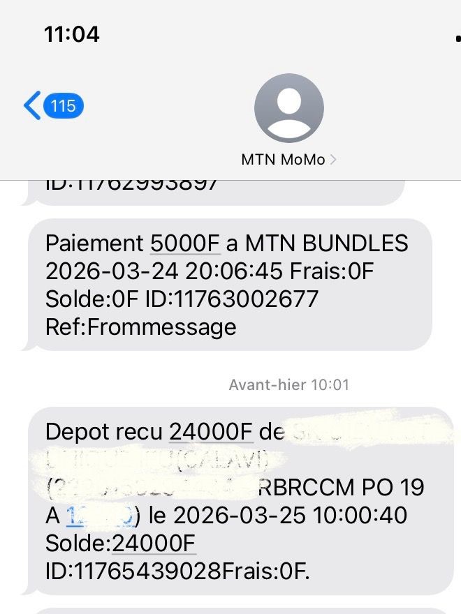 Preuve paiement MTN MoMo — Dépôt 24 000 FCFA